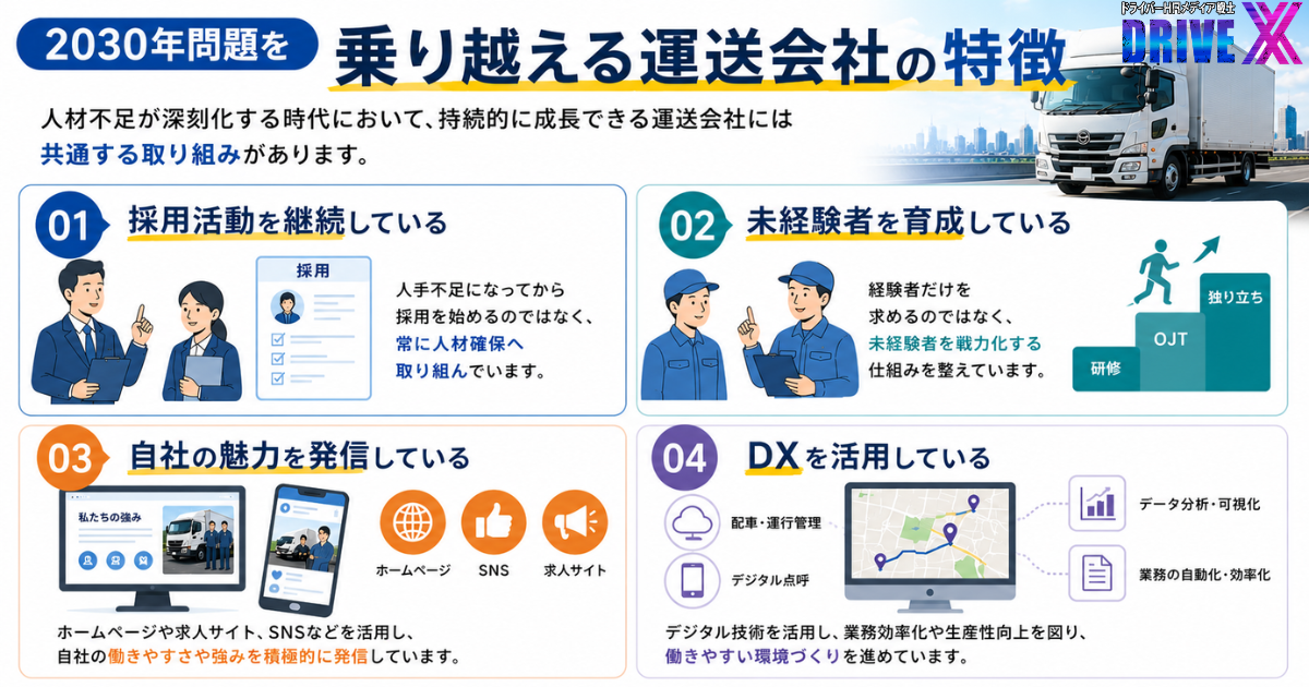 2030年問題を乗り越える運送会社の特徴を解説するインフォグラフィック。継続的な採用活動、未経験者の育成、自社の魅力発信、DX活用の4つの取り組みを紹介。人材不足が進む物流業界において、将来に向けて人材確保と生産性向上を実現するための具体的な施策を分かりやすくまとめている。