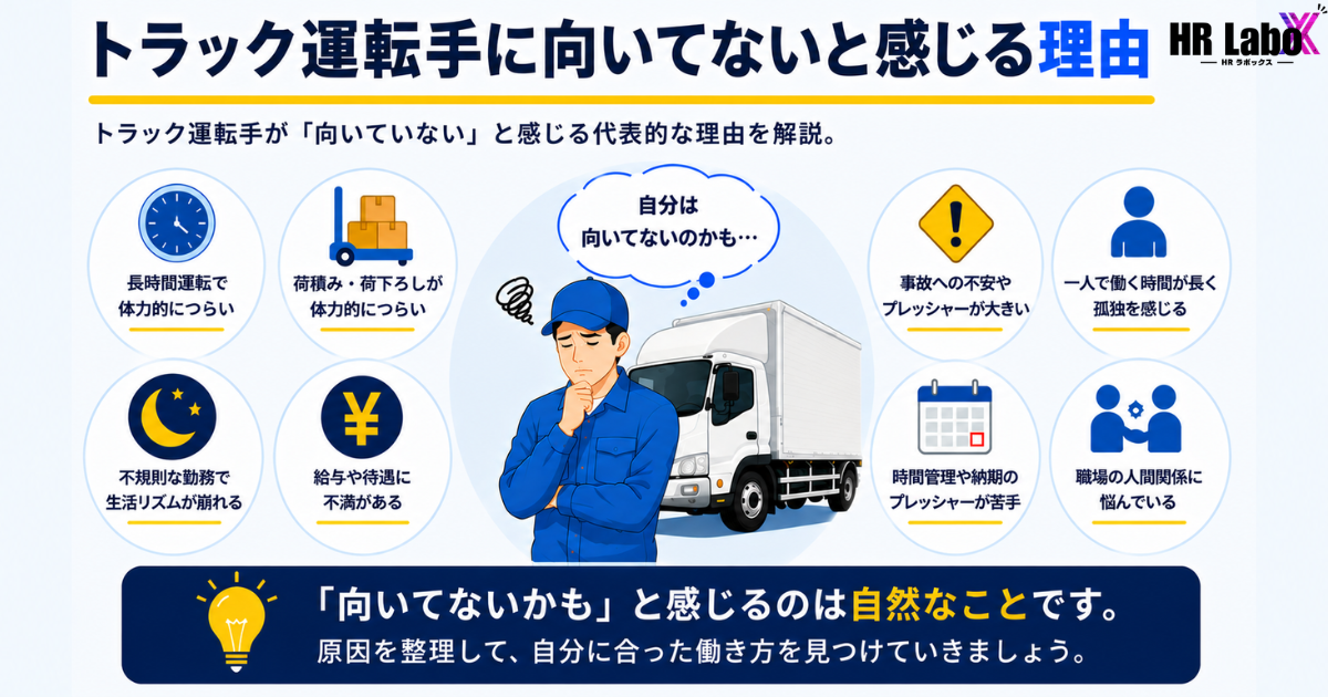 トラック運転手を辞めたい理由とは?長時間労働や体力的負担、人間関係の悩みを抱えるドライバーと後悔しない転職の判断基準を解説するアイキャッチ画像ドライブエックス