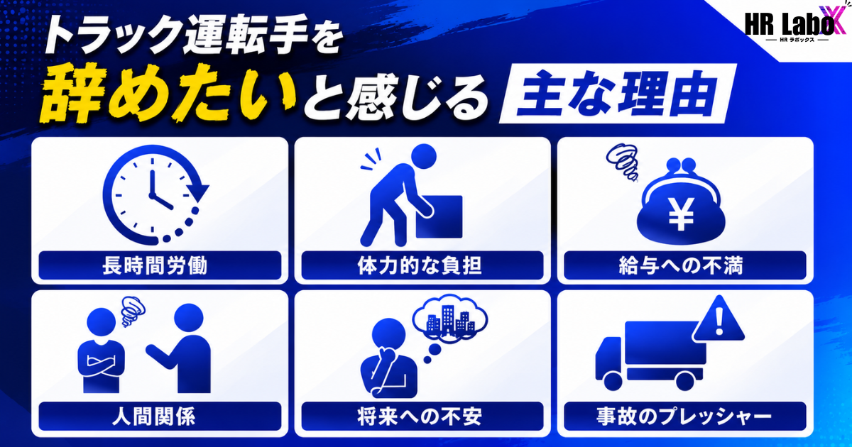 トラック運転手を辞めたいと感じる主な理由をまとめたインフォグラフィック。長時間労働・体力的負担・給与への不満・人間関係・将来への不安・事故のプレッシャーを解説。
