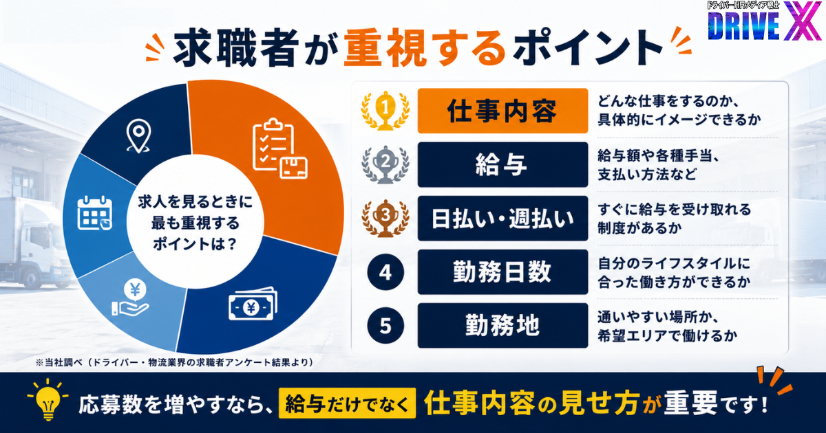物流・運送業界の求職者アンケートをもとに、求人選びで重視されるポイントを解説したインフォグラフィック画像。仕事内容、給与、日払い・週払い、勤務日数、勤務地の5項目をランキング形式で紹介し、求職者が給与だけでなく仕事内容や働き方も重視していることを分かりやすく表現。応募数を増やすためには、仕事内容の見せ方が重要であることを伝えるDrive Xの企業向け採用コラム用画像。