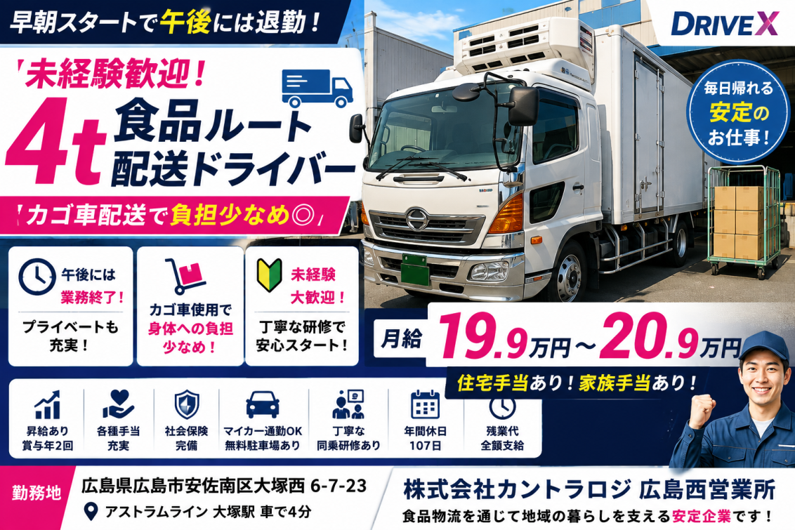 株式会社カントラロジ 広島西営業所の4t食品ルート配送ドライバー求人。広島県広島市安佐南区勤務、月給19.9万円～20.9万円。4t冷蔵車で食品を配送する固定ルート配送で、カゴ車を使用するため身体への負担が少なく、午後には退勤可能。未経験歓迎、住宅手当・家族手当・賞与・昇給あり、充実した研修制度で安心して働ける正社員募集を紹介するDRIVEXオリジナル求人画像。